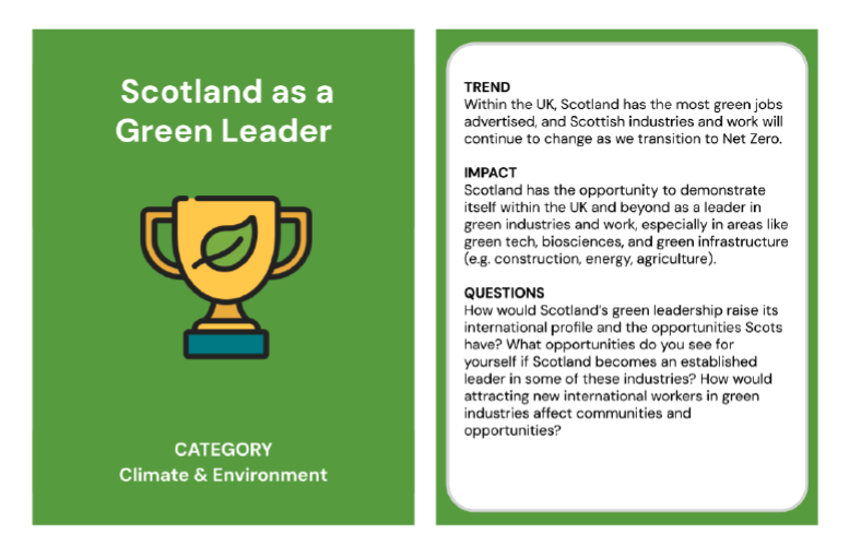 Trend card about Scotland as a green leader in the category of climate and environment. The back of the trend card reads;
Trend: Within the UK, Scotland has the most green jobs advertised, and Scottish industries and work will continue to change as we transition to Net Zero. 
Impact: Scotland has the opportunity to demonstrate itself within the UK and beyond as a leader in green industries and work, especially in areas like green tech, biosciences, and green infrastructure (e.g. construction, 