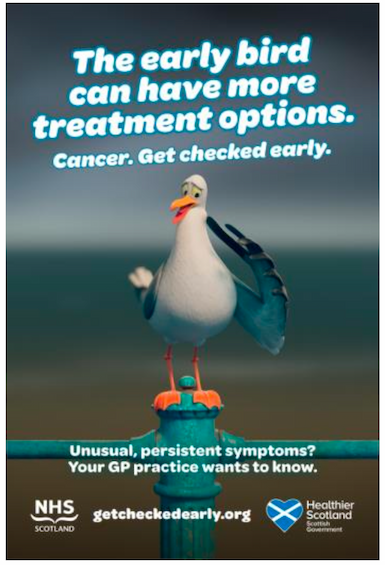 The ‘early bird can have more treatment options’ poster, with a seagull noticing a lump on their neck. 
