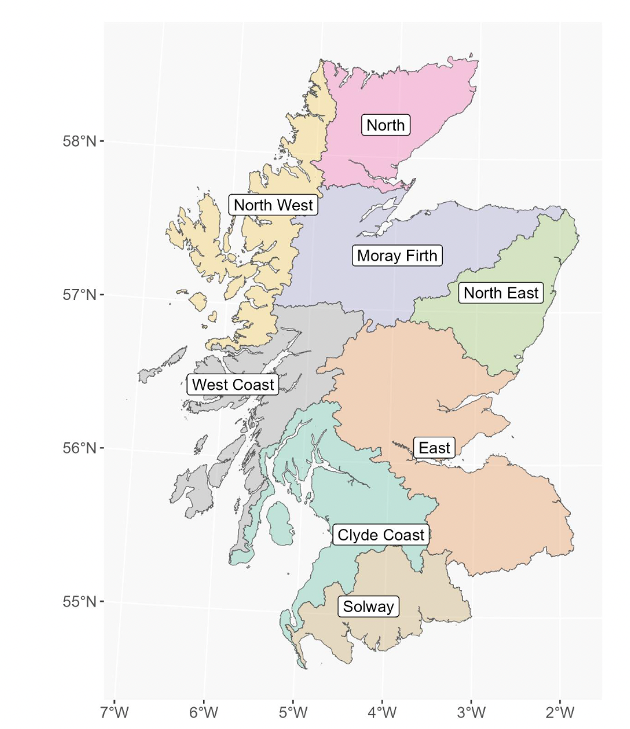 Map of Scotland showing the location of the fishery regions used in the report. From the south-west clockwise they are the Solway, Clyde Coast, West Coast, North West, North, Moray Firth, North East and East region.