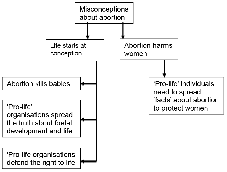 Flow chart showing the ‘abortion lie’ theme. Starting at ‘misconceptions about abortion’, arrows down to ‘life starts at conception’, then ‘abortion kills babies’, then to ‘pro-life organisations spread the truth about foetal development and life’, then to ‘pro-life organisations defend the right to life’. On the other side after ‘misconceptions about abortion’, the arrows lead to ‘abortion harms women’, then to ‘pro-life individuals need to spread ‘facts’ about abortion to protect women’.