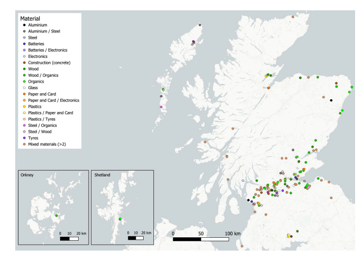 A map showing the location of existing waste reprocessing facilities in Scotland, sorted by material type.