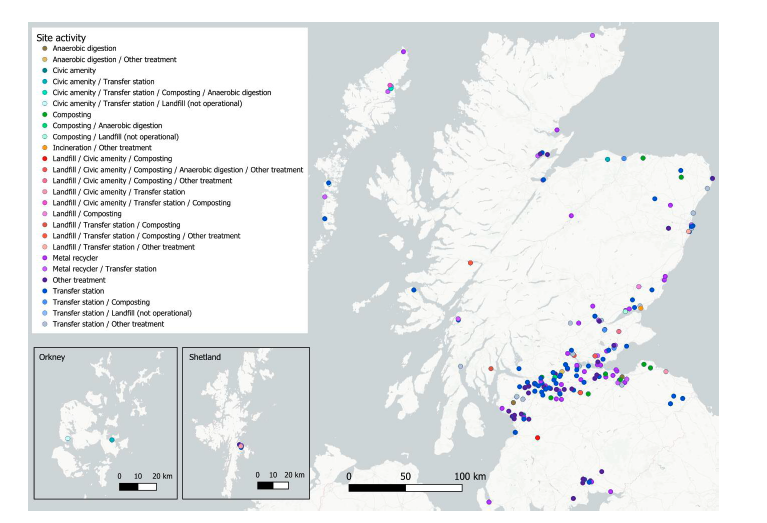 A map showing the location of existing waste reprocessing facilities in Scotland, sorted by facility type.