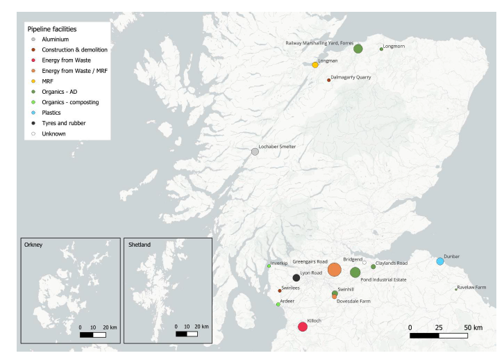 A map showing the location of planned waste reprocessing facilities in Scotland, sorted by material type.