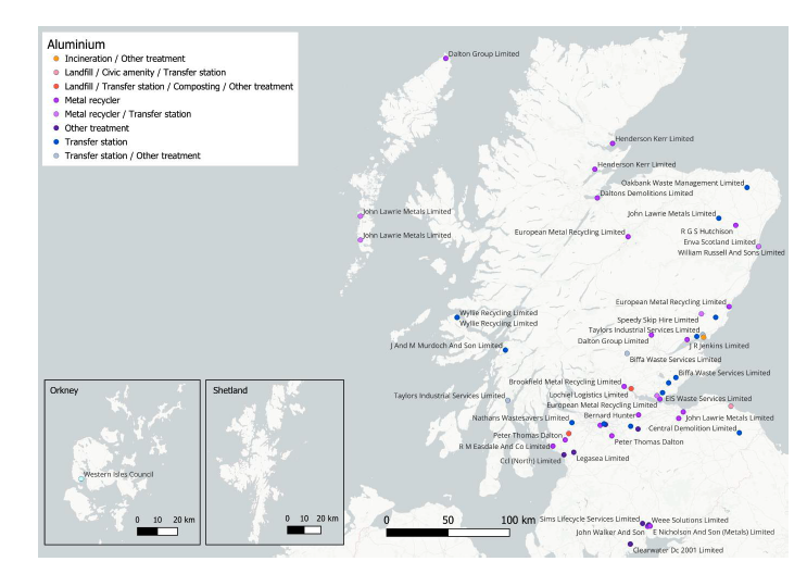A map showing the location of licensed sites reporting the treatment of aluminium or mixed metals or metal packaging that may contain aluminium in Scotland.