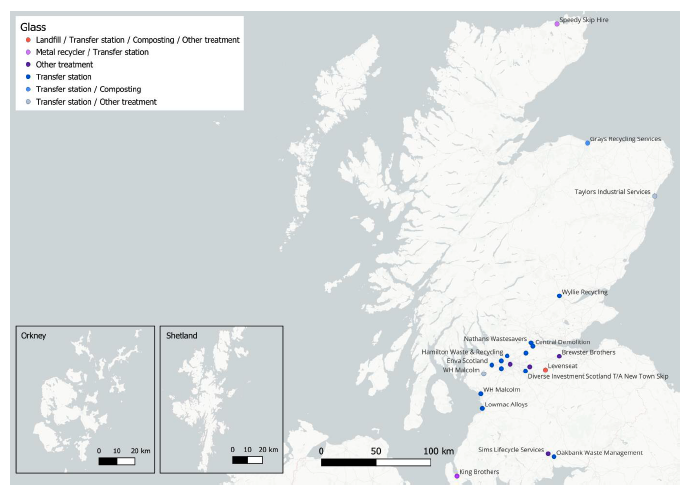 A map showing the location of licensed sites handling glass waste in Scotland in 2023.