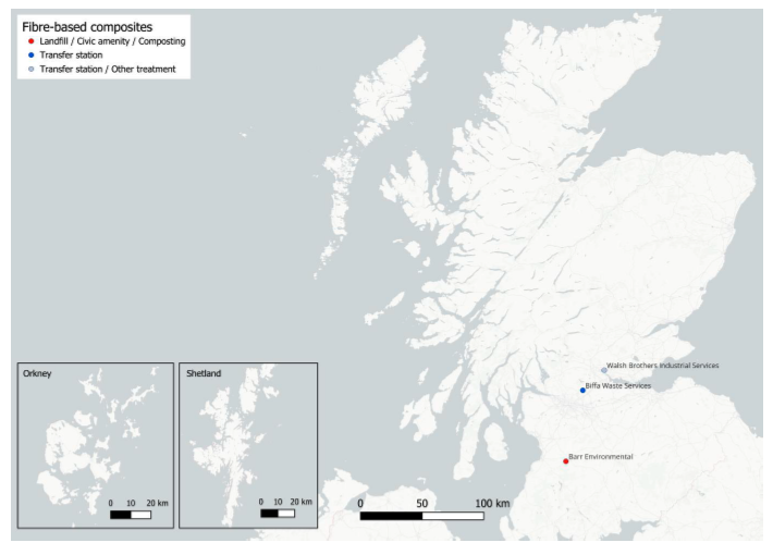 A map showing the location of licensed sites handling fibre-based composites waste in Scotland in 2023.