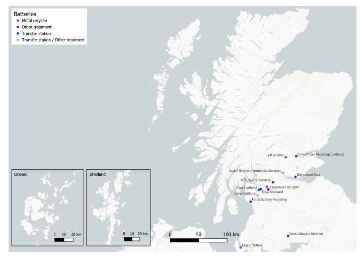 A map showing the location of sites treating battery waste from Scotland in 2023.