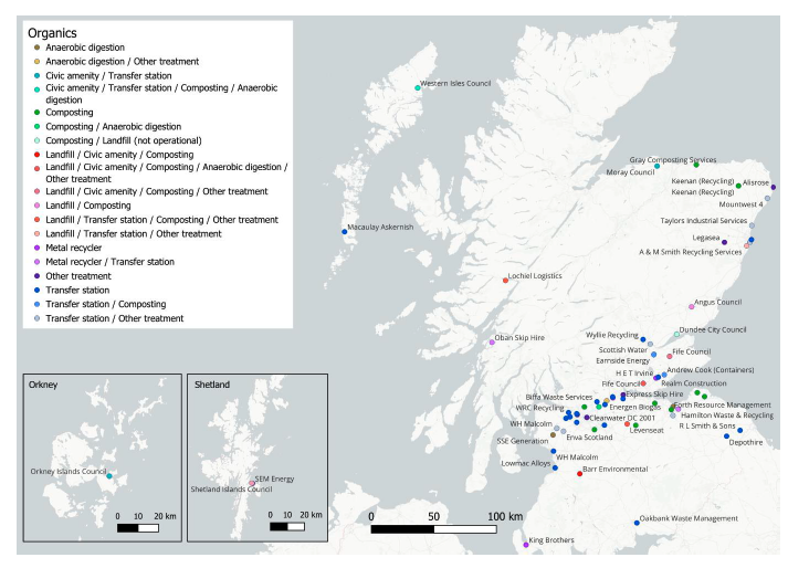 A map showing the location of licensed sites handling organic wastes in Scotland in 2023.