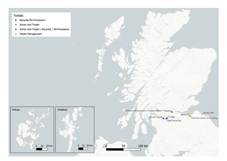 A map showing the location of sites handling textiles waste in Scotland in 2023.