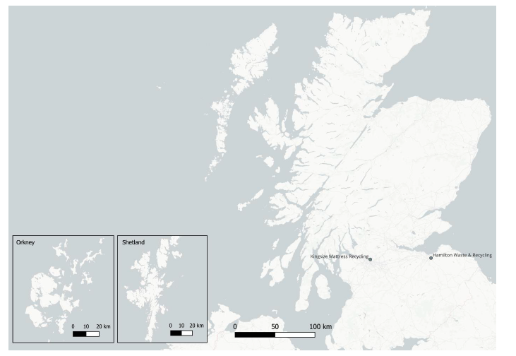A map showing the location of facilities in Scotland which accept mattresses for treatment.