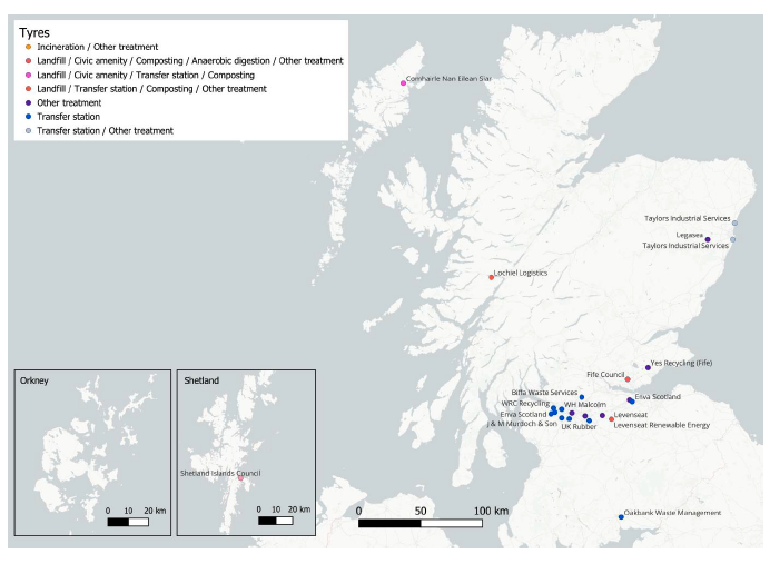 A map showing the location of sites handling tyres waste in Scotland in 2023.