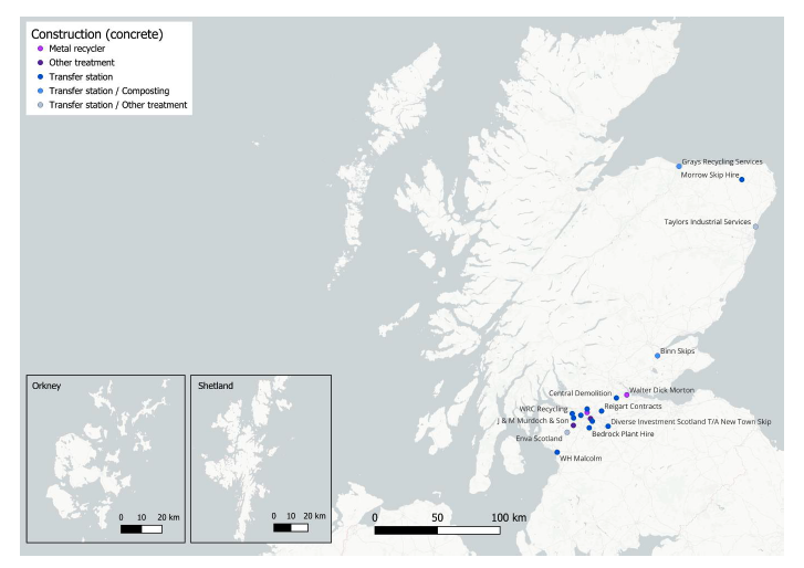 A map showing the location of licensed sites handling waste concrete and mixtures including concrete in Scotland in 2023.