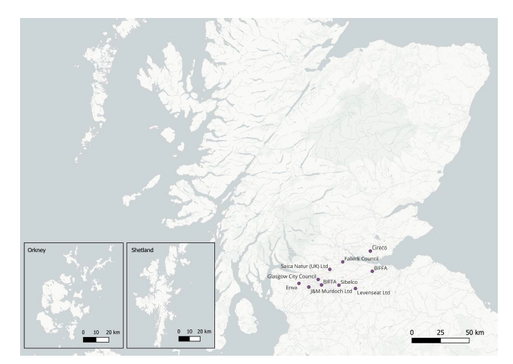 A map showing the location of mixed recovery facilities in Scotland as of 2023.