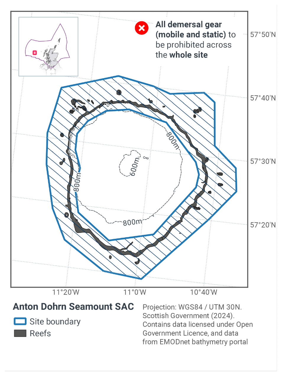 Map of Anton Dohrn Seamount SAC showing the reefs and boundaries of the SAC. The map indicates all demersal gear (mobile and static) will be prohibited across the whole site.