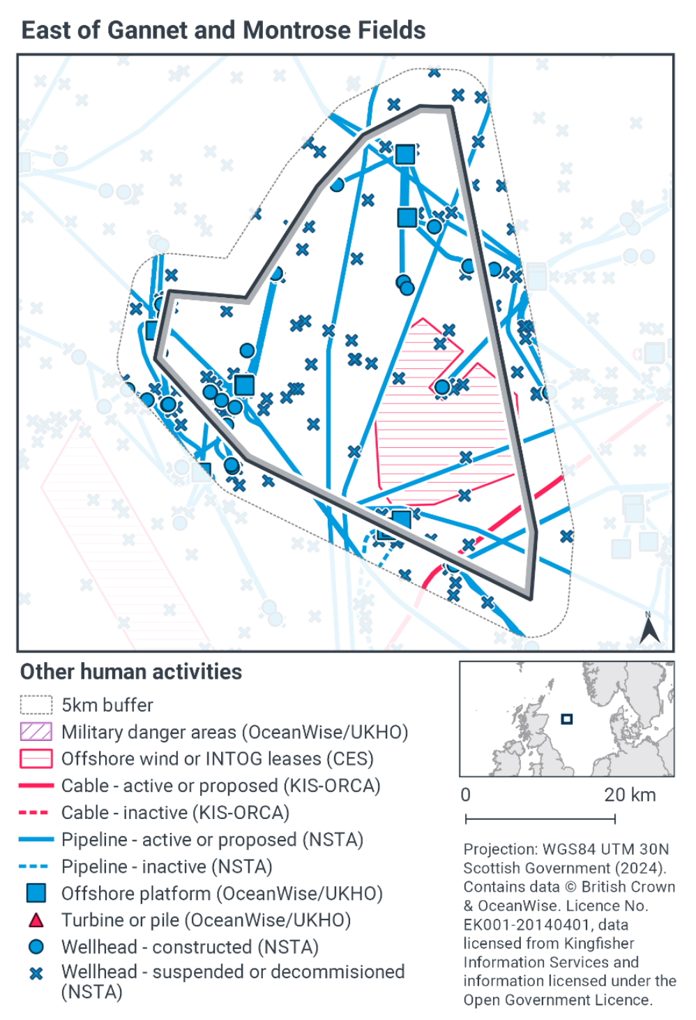 Map of the MPA and the 5km buffer zone surrounding it. There are suspended or decommissioned wellheads throughout the MPA, alongside constructed wellheads in the north and centre of the MPA. There are 4 offshore platforms in the MPA, one in the west, two in the north, and one in the southwest on the border of the MPA. Active or proposed pipelines pass into the MPA from the north, northwest, and east; largely converging around the middle of the southern boundary. An offshore wind or INTOG lease exists in the south of the MPA, and an active or proposed cable runs through the southern tip of the MPA going northeast to southwest.