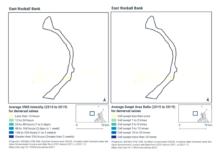 Left - A map of East Rockall Bank SAC, showing no demersal seine activity across most of the SAC and surrounding seas, with one strip of activity less than 12 hours per year intersecting with the SAC a third of the way up. Right - A map of East Rockall Bank SAC, showing no demersal seine activity across most of the SAC and surrounding seas, with one strip of activity showing less than one sweep per year intersecting with the SAC a third of the way up.