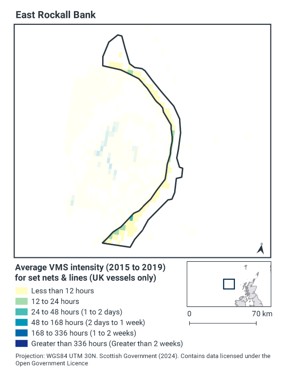 A map of East Rockall Bank SAC, showing less than 12 hours of set net and line activity from UK vessels yearly on much of the SAC, with a rate rising to 24-48 hours on the inside edge of the reef in the centre and in the south. A patch of comparable levels of net and line activity exists just west of the SAC