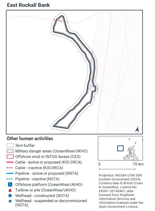A map of East Rockall Bank SAC and the surrounding 5 kilometre exclusion zone, showing intersection with a military danger area in the middle section of the SAC. An inactive cable intersects with the northernmost area of the SAC. An active cable runs north to south just east of the 5 kilometre exclusion area.