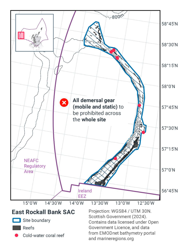 A map of East Rockall Bank SAC, indicating an area where demersal mobile and static gear would be banned encompassing the full SAC. 