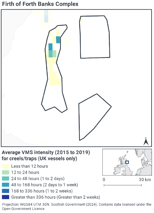 Map of creel/trap activity in the MPA by VMS intensity. There is only activity in the northern two thirds of the western sector, where activity varies from less than 12 hours per year to 48-168 hours per year. Even in the north a substantial amount of the MPA does not experience any creel/trap activity.