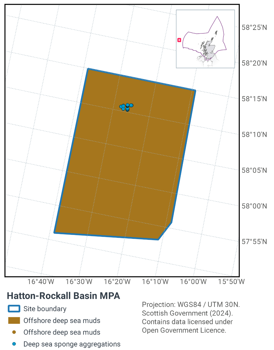Map of Hatton-Rockall Basin MPA, a roughly rectangular area far west of Scotland and outside Scotland's EEZ. It is located between 58°15N 16°40W and 57°50N 16°05W. It is composed entirely of offshore deep sea muds, with a cluster of deep sea sponge aggregations in the north