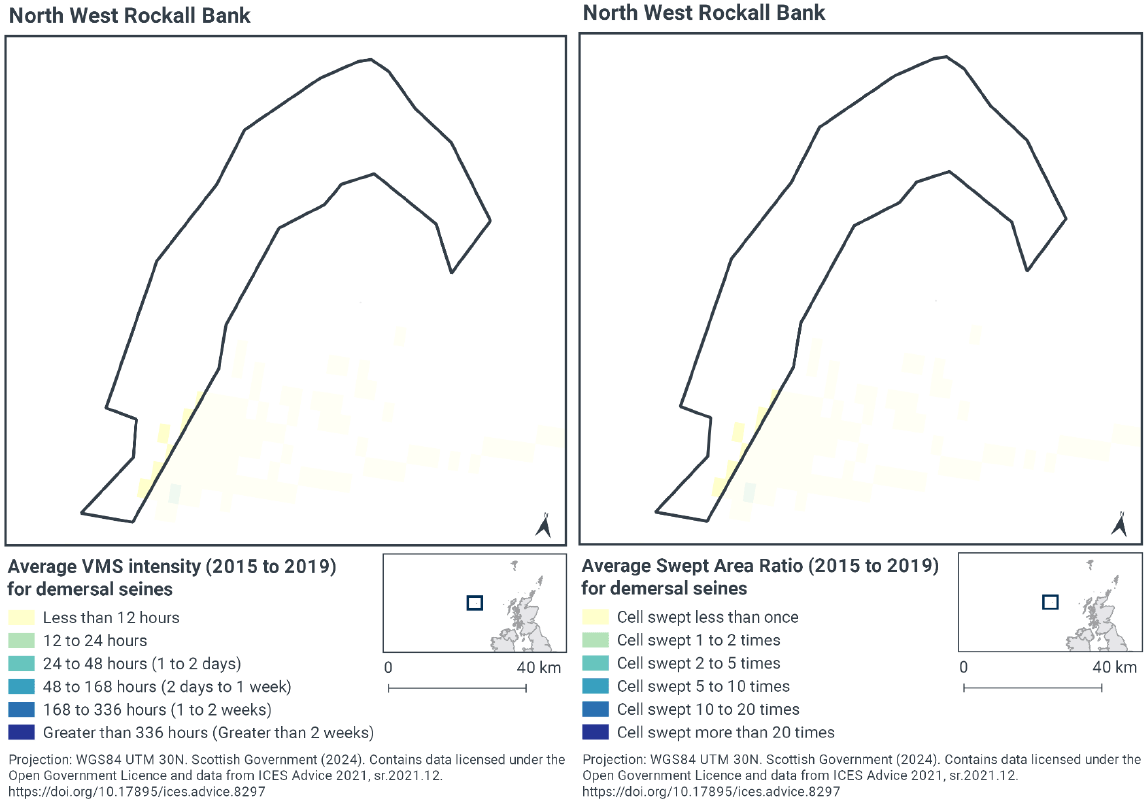 Map of North West Rockall Bank showing less than 12 hours demersal seine activity per year across the SAC. The surrounding seas also show a similarly low level of activity. Map of North West Rockall Bank showing less than 1 sweep of demersal seine activity per year across the SAC. The surrounding seas also show a similarly low level of activity.