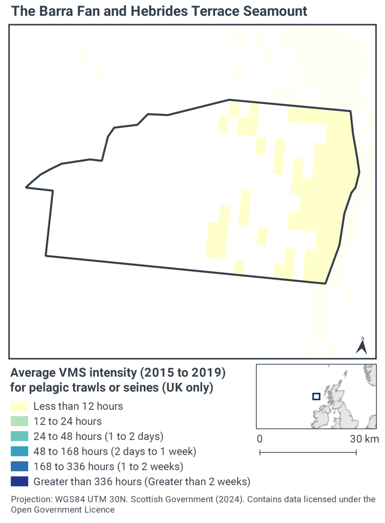 Map of pelagic trawls and seines in the MPA, showing the easternmost area of the MPA experiences less than 12 hours of this activity yearly, with some patches of the same level of activity stretching to the midway point across the MPA No such activity is seen in the western half