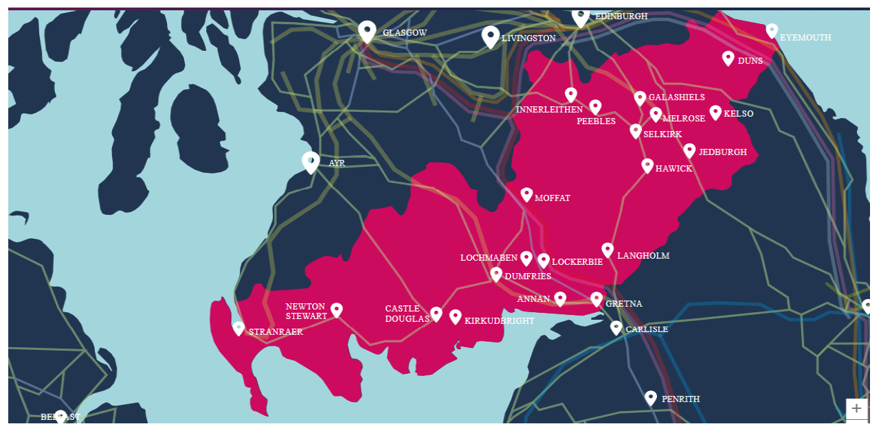 A map of Southern Scotland showing the outline of the natural capital innovation zone.
