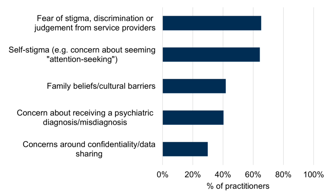 A bar chart shows the percentage of practitioners who report different individual barriers faced by people who self-harm. The most commonly reported individual barrier was fear of stigma, discrimination, or judgement from service providers (65%). 