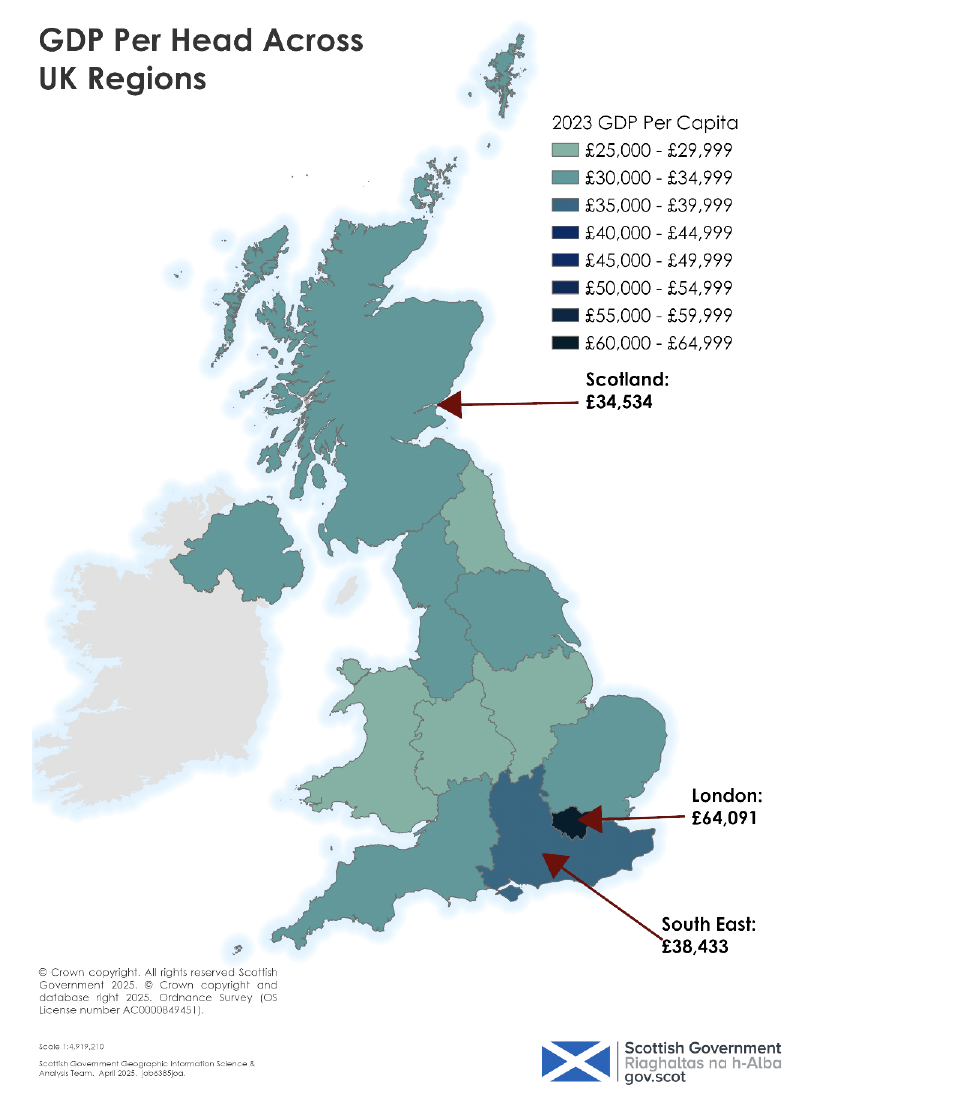 A map of UK regions, shaded by their GDP per head in 2023. Figures for London, the South East, and Scotland are provided.