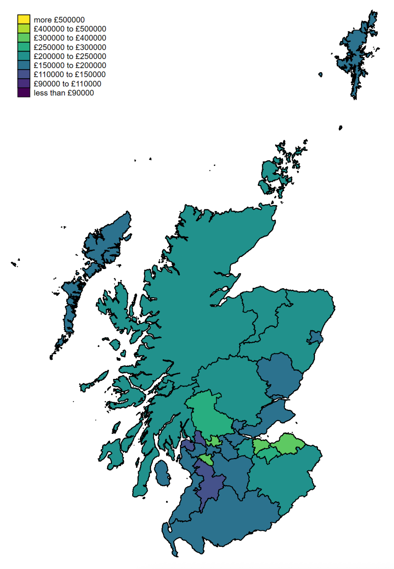 A map of Scotland showing mean property values in each council area