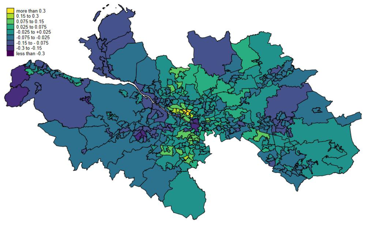 A map showing the average estimated change in gross relative tax rates in Glasgow and its environs under a pure revaluation.&nbsp;