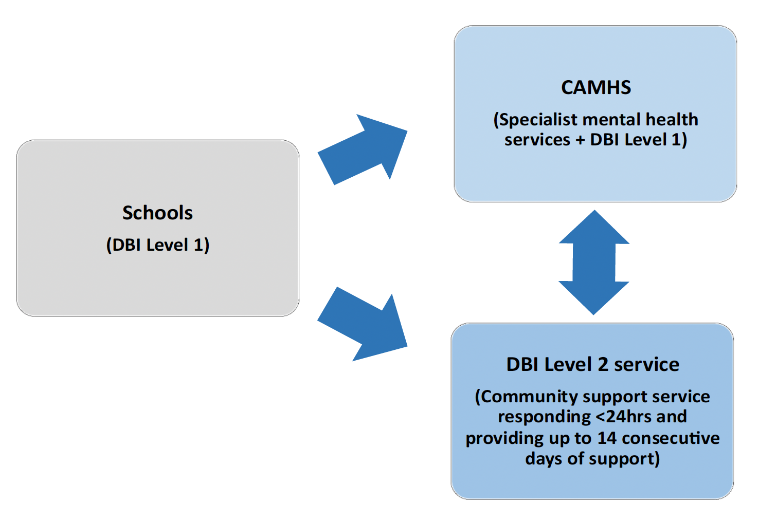 Diagram visualising the tripartite pathway used in the DBI test of change, which is described in the paragraph above.