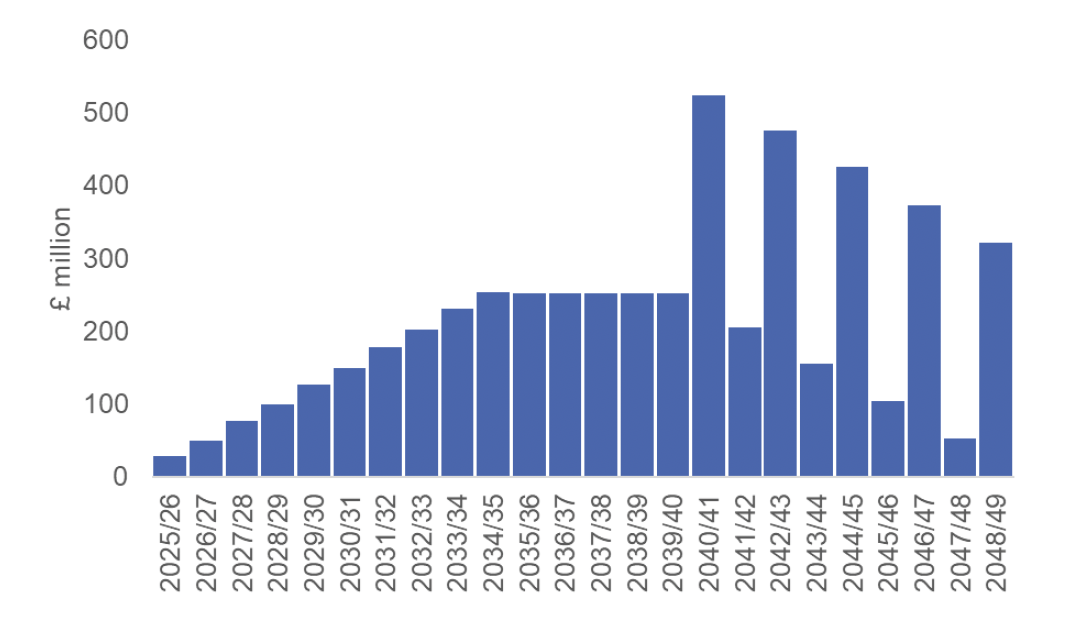 Bar chart showing annual costs in £ million from 2025-26 to 2048-49, peaking around 2040-2041, followed by several smaller peaks before declining.