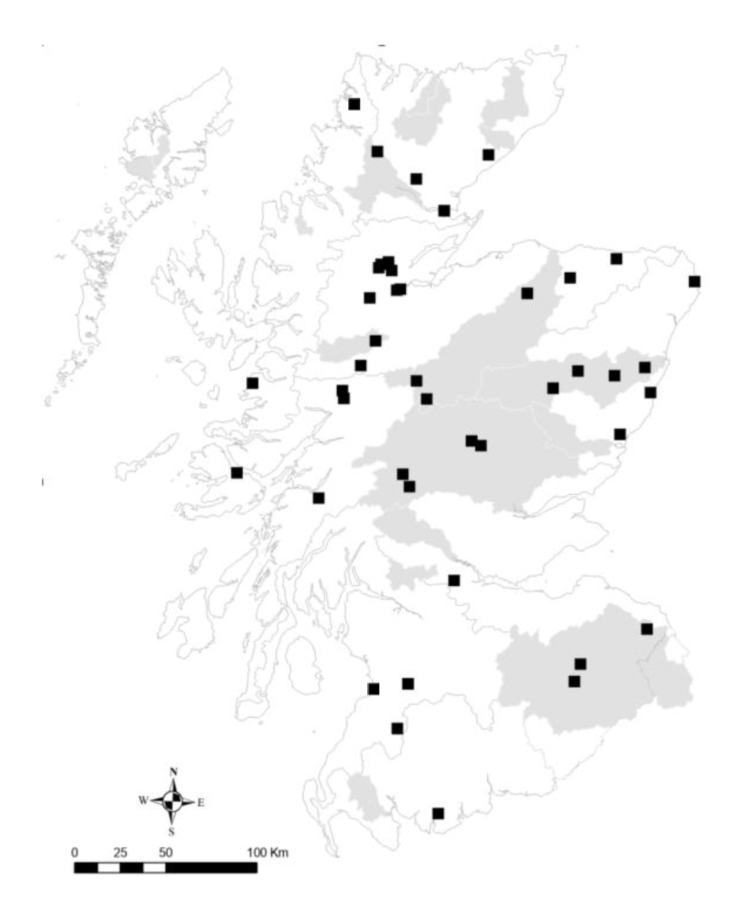 Map of Scotland showing 43 fish counting locations, Catchments which are Special Areas of Conservation for Atlantic salmon are highlighted.