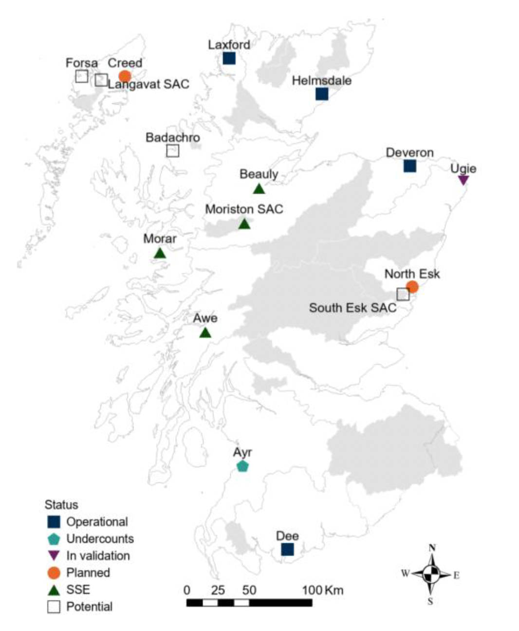 Map of Scotland showing the locations of four operational fish counters, one which undercounts, one which is in validation, two which were planned for installation in 2025, four which are operated by SSE and four potential new fish counting sites. Catchments which are Special Areas of Conservation for Atlantic salmon are highlighted.