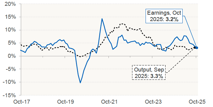 Chart 11.3 provides information on annual change in the output-price index for new housing and average weekly earnings in the construction sector on a monthly basis. 