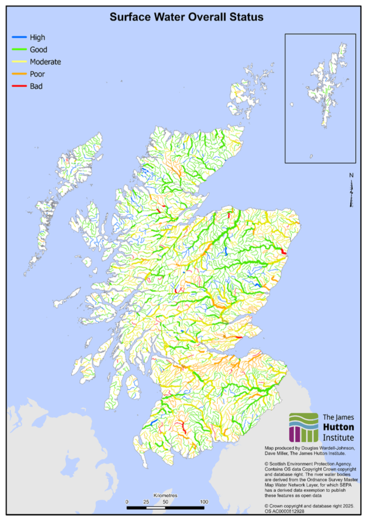 A map of water body overall status in Scotland in 2024.