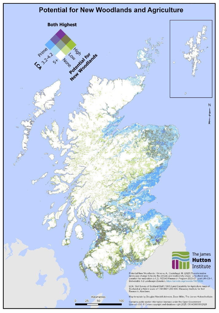 A map of Scotland comparing potential for new woodland creation to land capability for agriculture.