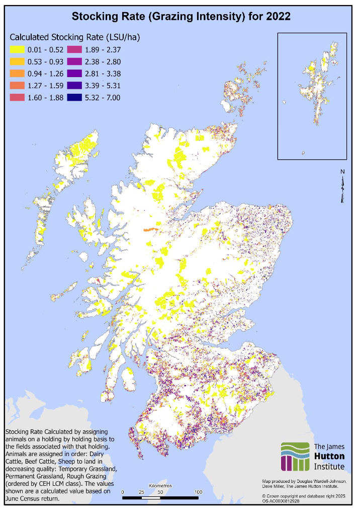 The map shows stocking rates for livestock in Scotland in 2022, as calculated via an algorithm developed by the James Hutton Institute. 