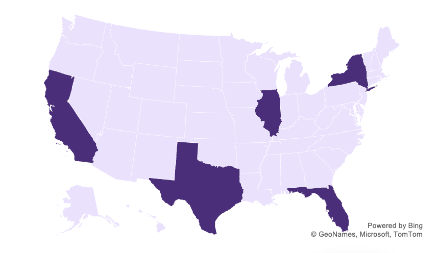Map of the United States highlighting California, Texas, Illinois, New York, and Florida in dark purple, with all other states shown in light purple.