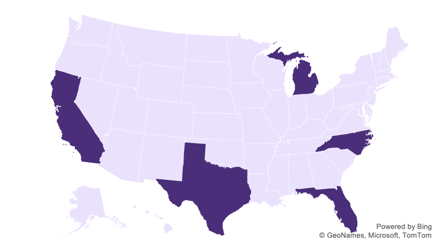 Map of the United States with California, Texas, Michigan, North Carolina, and Florida highlighted in dark purple, with all other states shown in light purple.