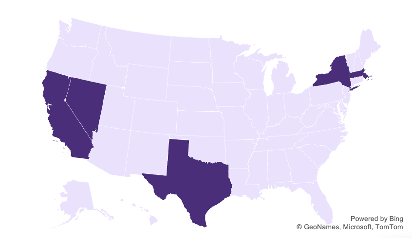 Map of the United States with California, Texas, New York, and Massachusetts highlighted in dark purple, with all other states shown in light purple.