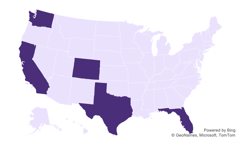 • Map of the United States with Washington, California, Colorado, Texas, and Florida highlighted in dark purple, with all other states shown in light purple.