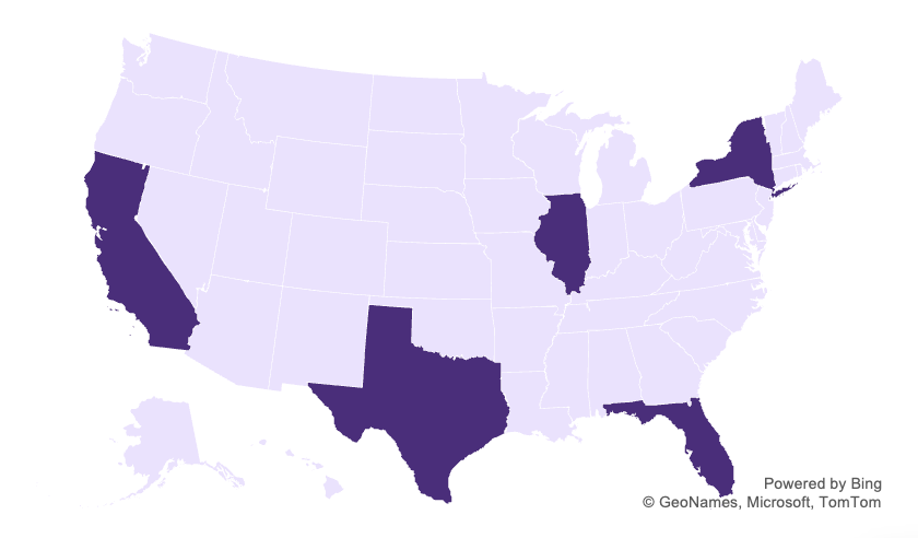 Map of the United States with California, Texas, Illinois, New York, and Florida highlighted in dark purple, with all other states shown in light purple. (Same as Screenshot 1, 3 & 4)