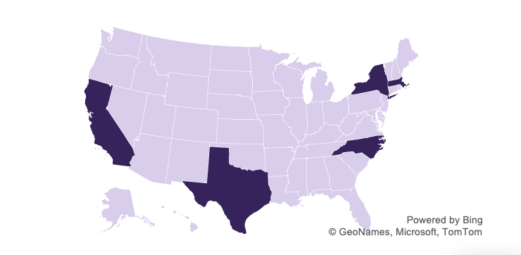 Map of the United States with California, Texas, New York, Massachusetts, and North Carolina highlighted in dark purple, with all other states shown in light purple.