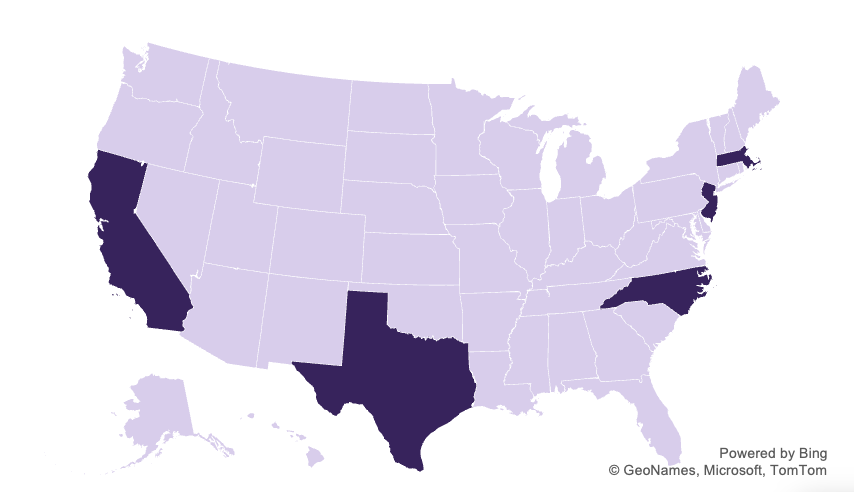 Map of the United States with California, Texas, Massachusetts, New Jersey, and North Carolina highlighted in dark purple, with all other states shown in light purple.