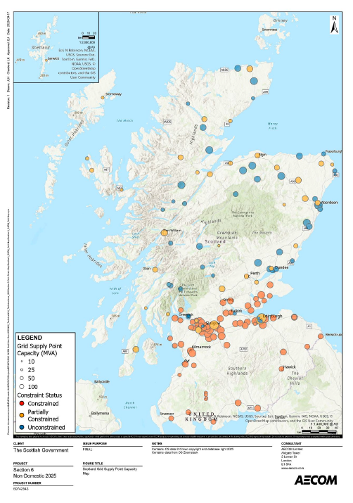 Figure 72. This figure illustrates the level of network constraint in the distribution networks across Scotland; ‘red, amber, green’ ratings illustrating the level of network constraint.