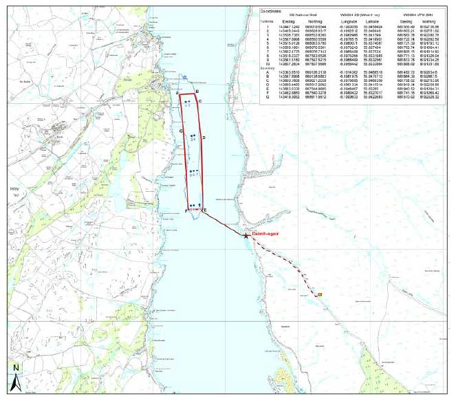 Figure 2. Site of planned deployment of 10 turbines within the Sound of Islay. Taken from Scottish Power Renewables (2010b).