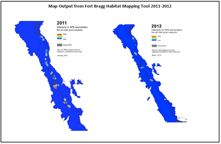 Figure 2: Map Output from Fort Bragg Habitat Mapping Tool 2011-2012. Source: Fort Bragg Groundfish Association, Summary Report 2011 and 2012.